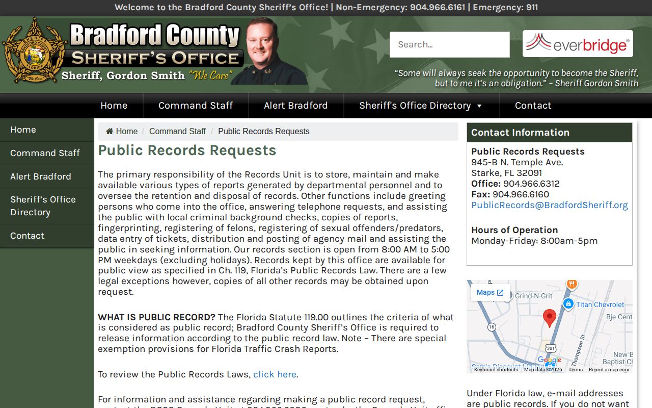 Bradford County Sheriff public records request and fee information