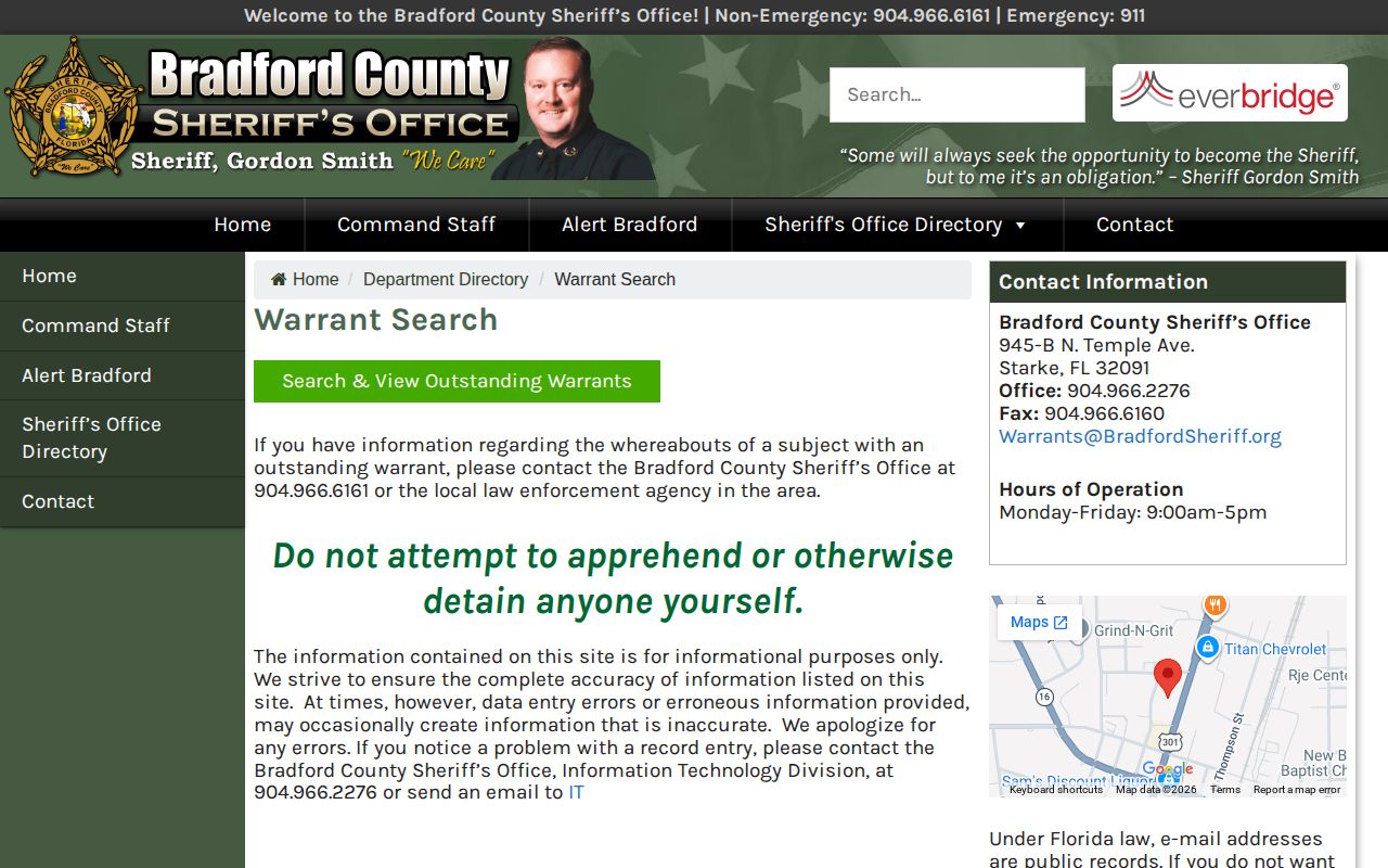 Bradford County Sheriff warrant search safety warning