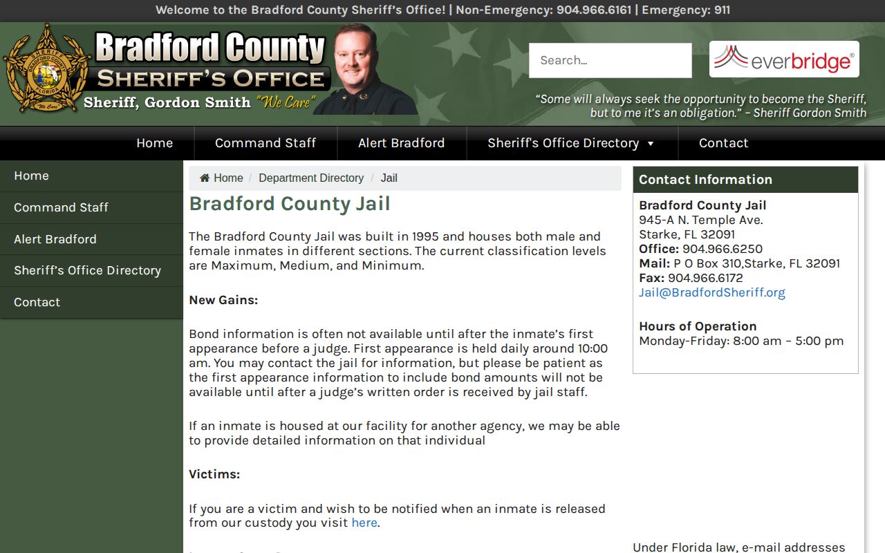 Bradford County Sheriff Jail Division policy and contact page