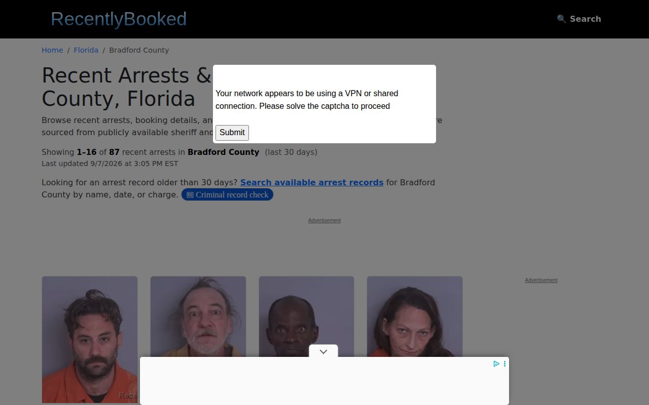RecentlyBooked Bradford County landing page and source caveat
