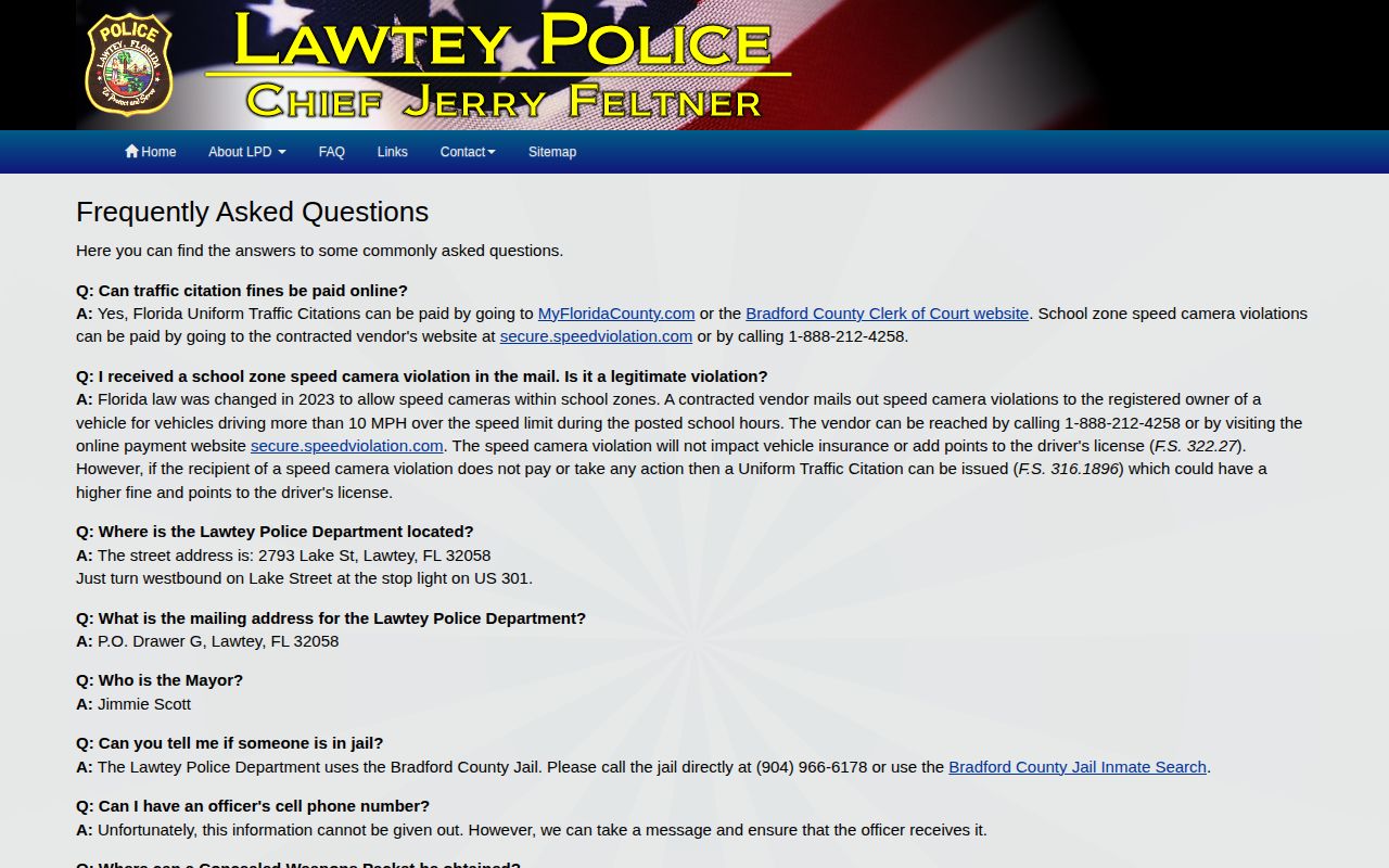 Lawtey FAQ explaining Bradford County Jail arrest destination